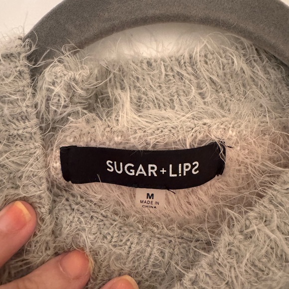Sugar + Lips Fuzzy Chevron Sweater | Size M | Gray, White, & Pink - Picture 3 of 5